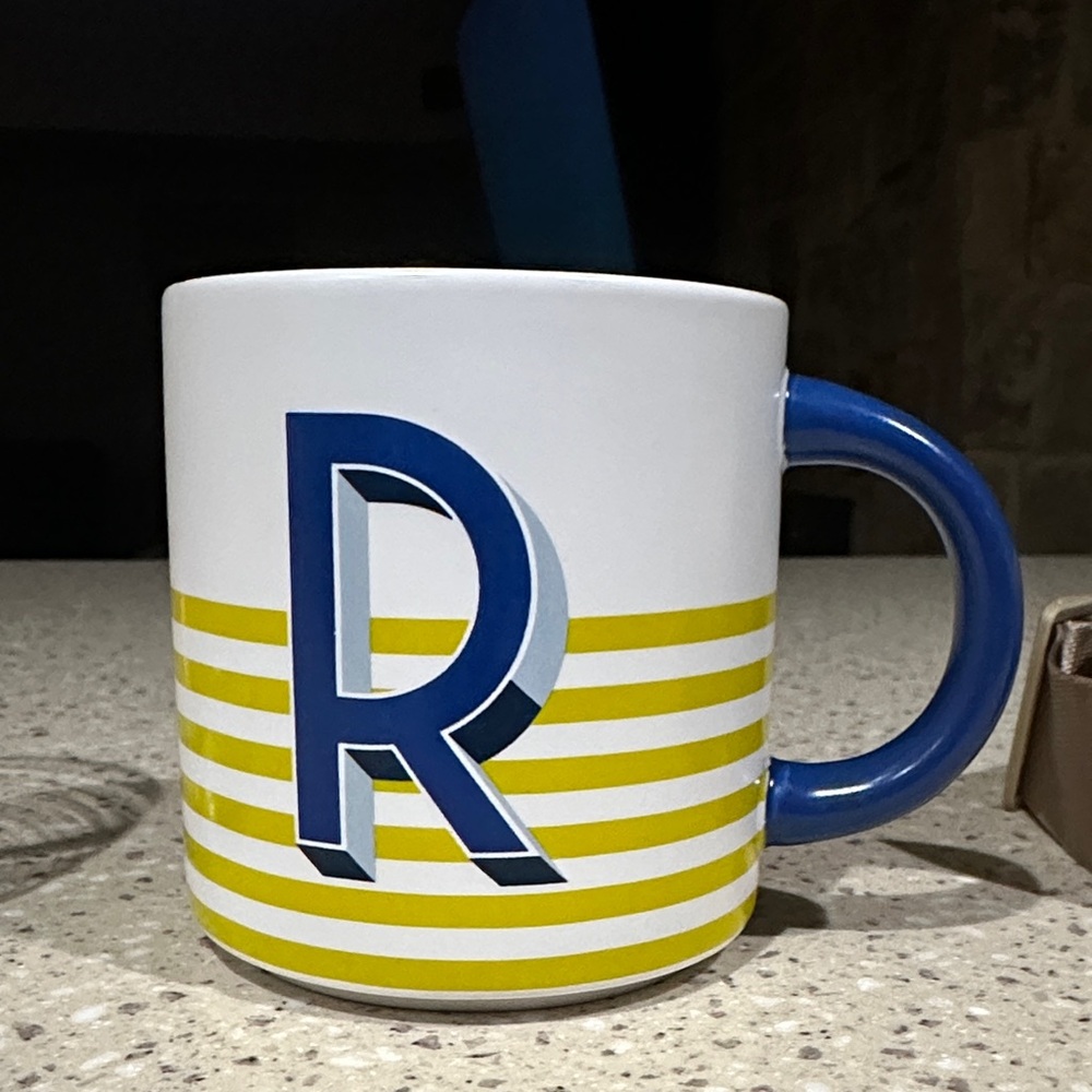 Indigo Blue and Yellow Striped Mug with 'R'